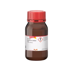 تصویر یک شیشه قهوه‌ای حاوی پودر سفید تا زرد نووبیوسین سدیم سالت (Novobiocin sodium salt) با خلوص ۹۰٪ (HPLC) و علامت تعجب (احتیاط) روی برچسب.