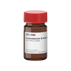 شیشه قهوه‌ای کوچک حاوی 100 میلی‌گرم پودر آمفوتریسین B (Amphotericin B) از سیگما (Sigma) با خلوص ≥80% (HPLC) و درپوش قرمز.