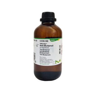 بطری شیشه‌ای قهوه‌ای حاوی ترت-بوتانول (tert-Butanol) با برچسب EMSURE® از Supelco، مناسب برای سنتز (zur Synthese) و درپوش مشکی