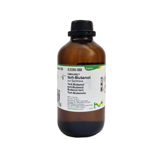بطری شیشه‌ای قهوه‌ای حاوی ترت-بوتانول (tert-Butanol) با برچسب EMSURE® از Supelco، مناسب برای سنتز (zur Synthese) و درپوش مشکی