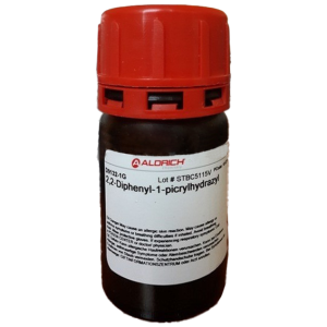 طری ماده شیمیایی 2,2-Diphenyl-1-picrylhydrazyl (DPPH) کد D9132 از برند Aldrich با درب قرمز، مناسب برای تست آنتی‌اکسیدان