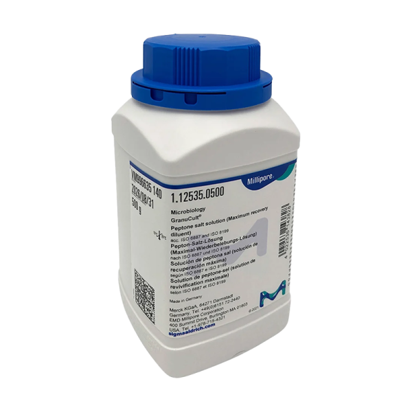 محلول نمکی پپتونی Sigma-Aldrich کد 112535، محیط رقیق‌سازی ایزوتونیک (Maximum Recovery Diluent) مناسب برای صنایع غذایی و میکروبیولوژی – بسته 500 گرم
