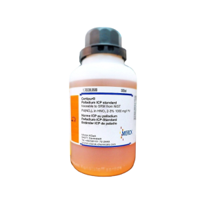 بطری محلول استاندارد ICP پالادیوم Certipur® مرگ (Merck) با غلظت 1000 mg/L در اسید نیتریک 2–3٪، مناسب برای آنالیز ICP، حجم 500 میلی‌لیتر