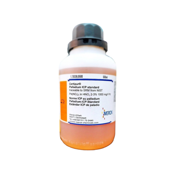 بطری محلول استاندارد ICP پالادیوم Certipur® مرگ (Merck) با غلظت 1000 mg/L در اسید نیتریک 2–3٪، مناسب برای آنالیز ICP، حجم 500 میلیلیتر