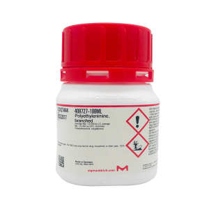 بطری پلی‌اتیلن‌ایمین شاخه‌دار (Polyethylenimine, branched) سیگما آلدریچ با درب قرمز و برچسب هشدار مواد شیمیایی