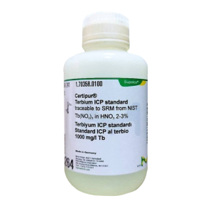بطری محلول استاندارد ICP تربیوم Certipur® با غلظت 1000 میلی‌گرم در لیتر Tb، تولید شرکت Merck با کد 1.70358.0100، قابل ردیابی به استاندارد NIST، محلول در 2-3٪ اسید نیتریک (HNO₃)