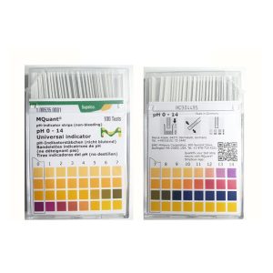 کاغذ شاخص pH یونیورسال مرک مدل MQuant کد 109535، بسته 100 عددی نوار تست pH 0 تا 14 غیرریزی (non-bleeding) همراه با جدول رنگی مقایسه، محصول ساخته شده در آلمان
