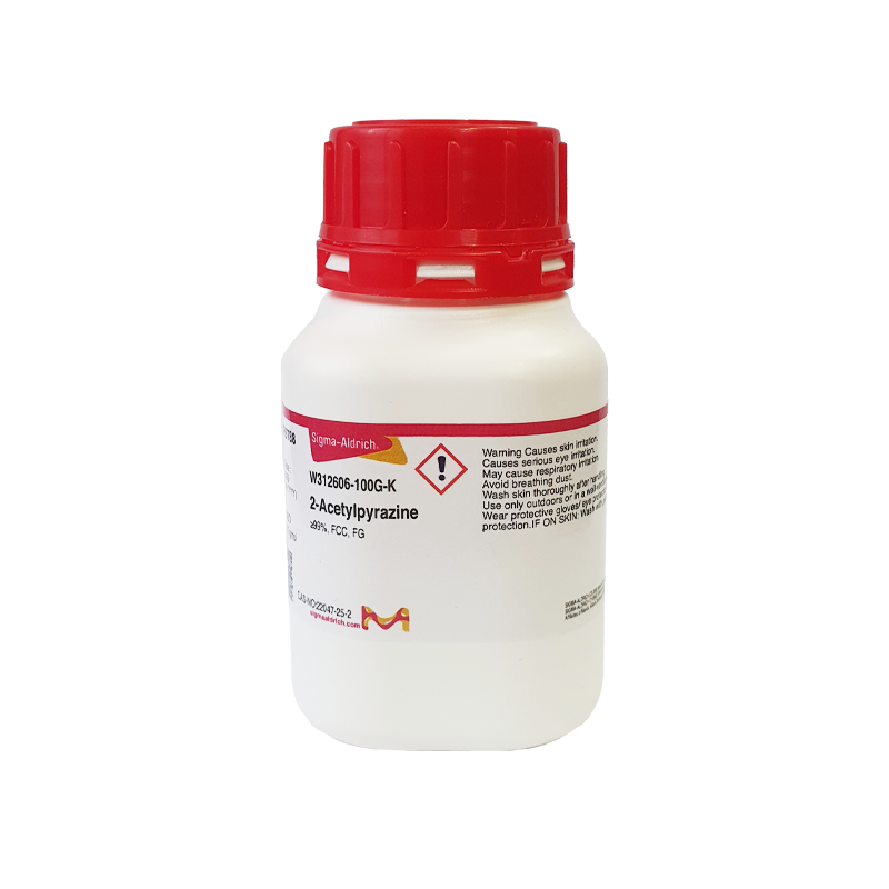 بطری 2-استیلپیرازین (2-Acetylpyrazine) گرید غذایی FCC و FG از برند Sigma-Aldrich، مناسب برای صنایع طعمدهنده و عطرسازی