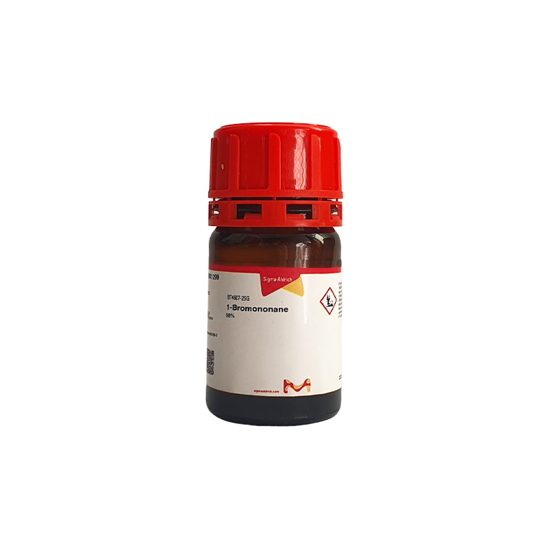 بطری 1-برومونونان (1-Bromononane, CAS 693-58-3) برند Sigma-Aldrich با خلوص 98٪، آلکیل هالید خطی مناسب برای سنتز ترکیبات آلی، تولید مواد فعال سطحی، سورفکتانتها و کاربردهای تحقیقاتی شیمی آلی